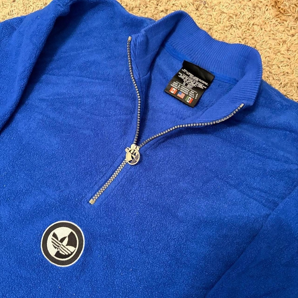 Vintage 80s Adidas Trefoil Quarter Zip Fleece Pullover Blue Mens Medium